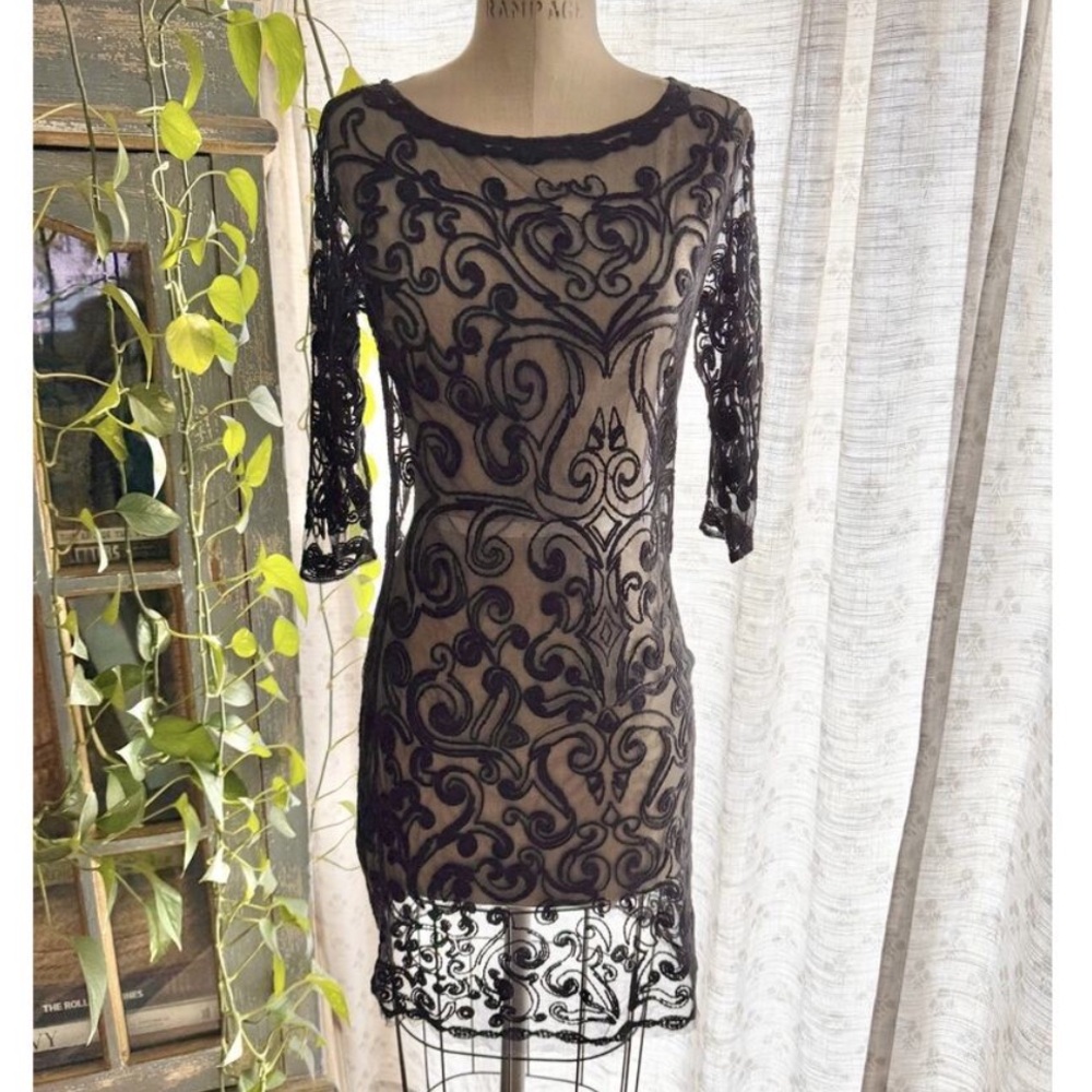 Catherine Malandrino Sheer Black Lace Dress Overlay Elbow Sleeve XS Gothic